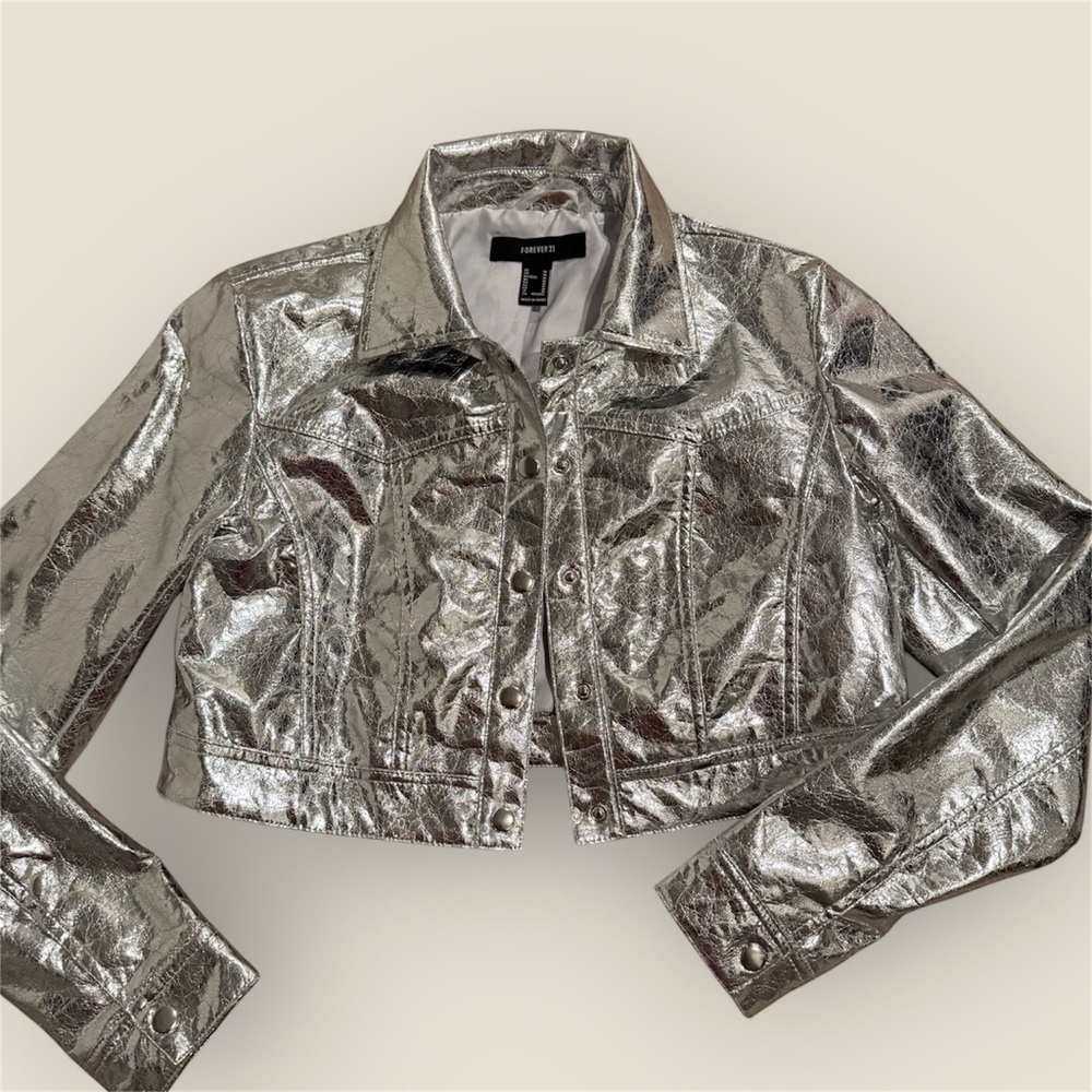 Forever 21 Shiny Silver Jean Jacket